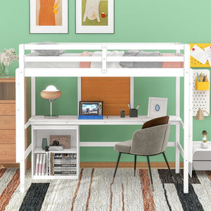 HomeRoots White Four Poster Twin Loft Bed with Integrated Desk & Shelves for Small Space Living Solutions 596443