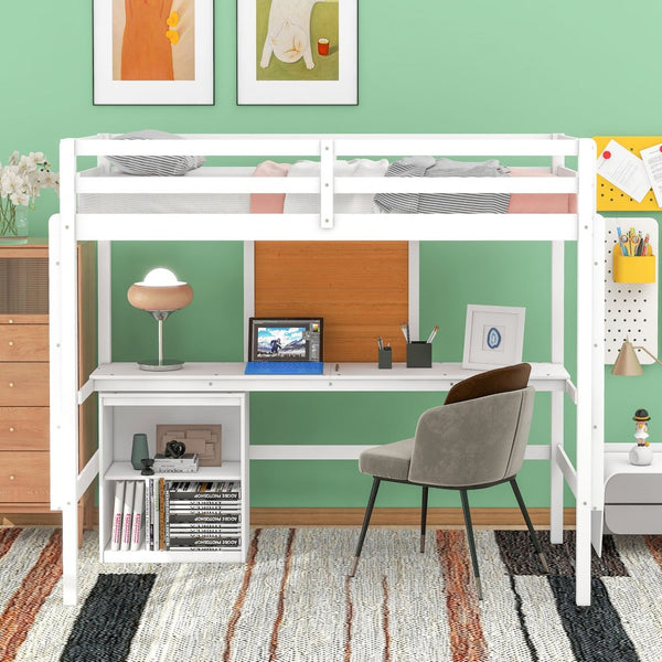 HomeRoots White Four Poster Twin Loft Bed with Integrated Desk & Shelves for Small Space Living Solutions 596443