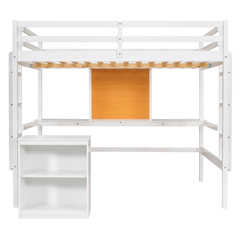 HomeRoots White Four Poster Twin Loft Bed with Integrated Desk & Shelves for Small Space Living Solutions 596443