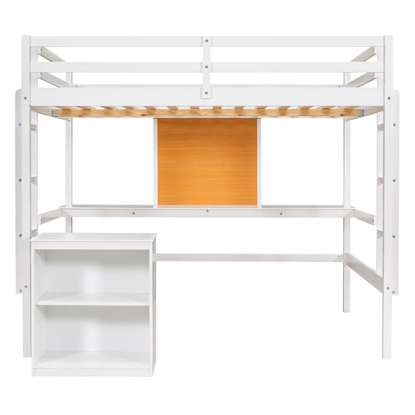HomeRoots White Four Poster Twin Loft Bed with Integrated Desk & Shelves for Small Space Living Solutions 596443