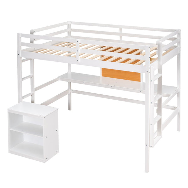 HomeRoots White Four Poster Twin Loft Bed with Integrated Desk & Shelves for Small Space Living Solutions 596443