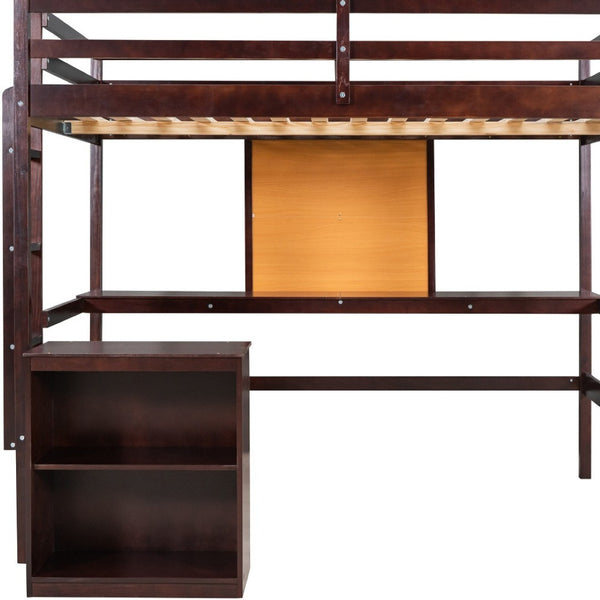 HomeRoots Espresso Four-Pole Twin Loft Bed with Integrated Desk & Shelves for Space-Saving Bedroom Solutions 596444