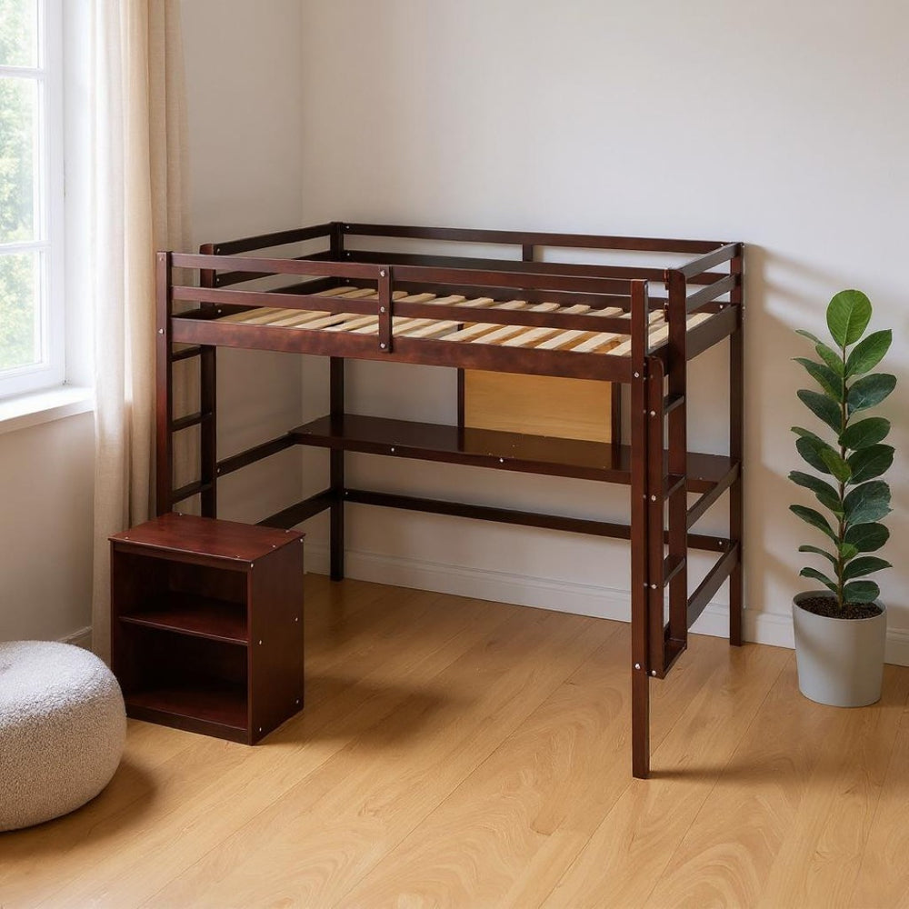 HomeRoots Espresso Four-Pole Twin Loft Bed with Integrated Desk & Shelves for Space-Saving Bedroom Solutions 596444