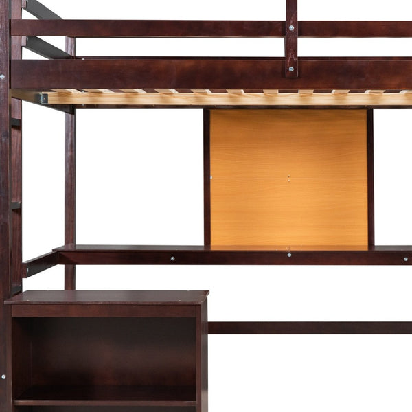 HomeRoots Espresso Four-Pole Twin Loft Bed with Integrated Desk & Shelves for Space-Saving Bedroom Solutions 596444