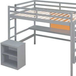 HomeRoots Gray Four Poster Loft Bed with Integrated Desk & Shelves - Stylish, Space-Saving Design for Bedrooms 596445