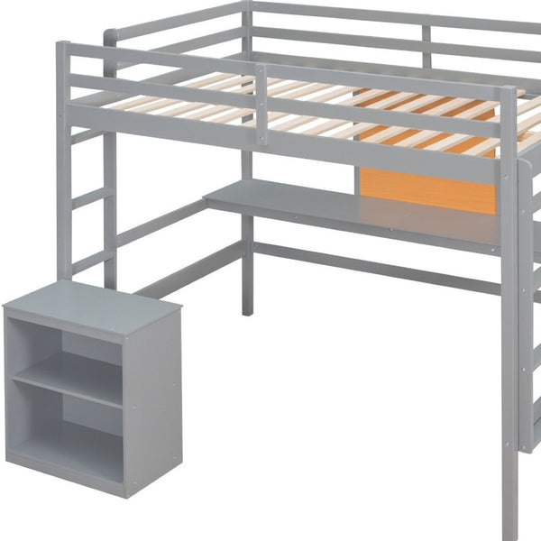 HomeRoots Gray Four Poster Loft Bed with Integrated Desk & Shelves - Stylish, Space-Saving Design for Bedrooms 596445