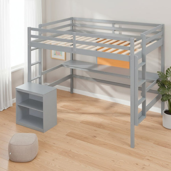HomeRoots Gray Four Poster Loft Bed with Integrated Desk & Shelves - Stylish, Space-Saving Design for Bedrooms 596445