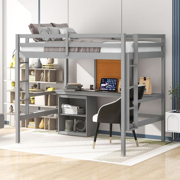 HomeRoots Gray Four Poster Loft Bed with Integrated Desk & Shelves - Stylish, Space-Saving Design for Bedrooms 596445