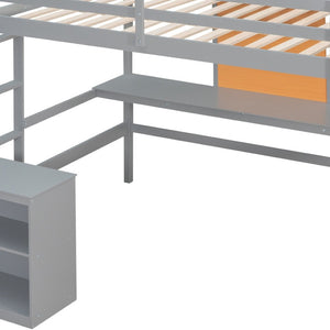 HomeRoots Gray Four Poster Loft Bed with Integrated Desk & Shelves - Stylish, Space-Saving Design for Bedrooms 596445