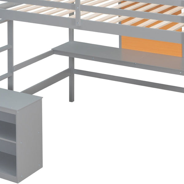 HomeRoots Gray Four Poster Loft Bed with Integrated Desk & Shelves - Stylish, Space-Saving Design for Bedrooms 596445