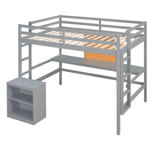 HomeRoots Gray Four Poster Loft Bed with Integrated Desk & Shelves - Stylish, Space-Saving Design for Bedrooms 596445