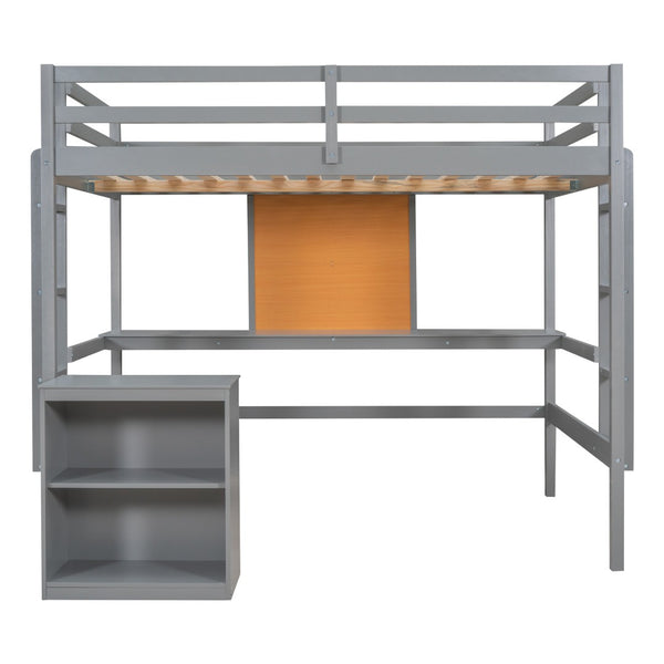 HomeRoots Gray Four Poster Loft Bed with Integrated Desk & Shelves - Stylish, Space-Saving Design for Bedrooms 596445