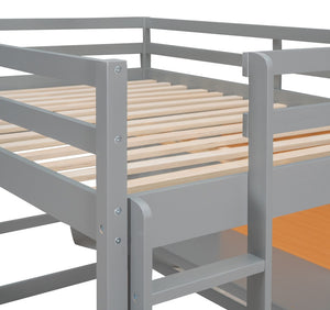 HomeRoots Gray Four Poster Loft Bed with Integrated Desk & Shelves - Stylish, Space-Saving Design for Bedrooms 596445