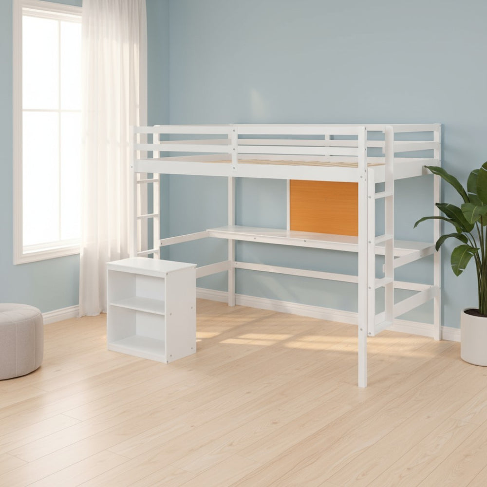 HomeRoots White Four Poster Loft Bed with Integrated Desk & Shelves - Stylish, Space-Saving Solution! 596446
