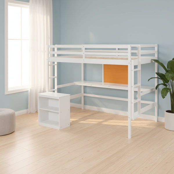 HomeRoots White Four Poster Loft Bed with Integrated Desk & Shelves - Stylish, Space-Saving Solution! 596446