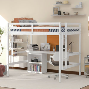 HomeRoots White Four Poster Loft Bed with Integrated Desk & Shelves - Stylish, Space-Saving Solution! 596446
