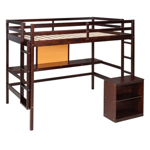HomeRoots Espresso Four-Poster Loft Bed with Integrated Desk & Shelving - Stylish Space-Saver for Your Room! 596447