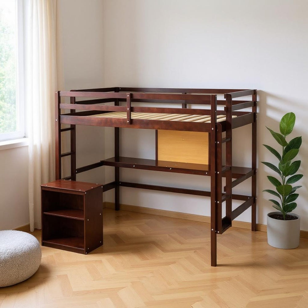HomeRoots Espresso Four-Poster Loft Bed with Integrated Desk & Shelving - Stylish Space-Saver for Your Room! 596447