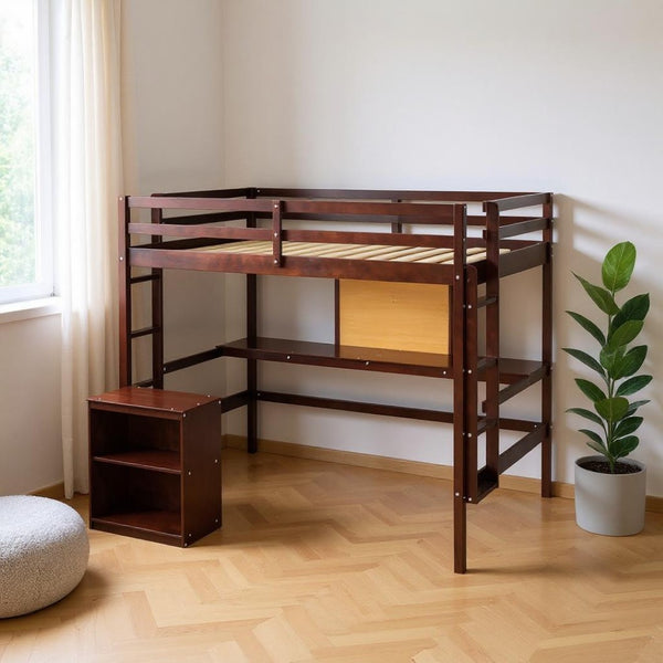 HomeRoots Espresso Four-Poster Loft Bed with Integrated Desk & Shelving - Stylish Space-Saver for Your Room! 596447