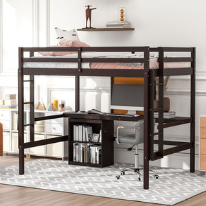 HomeRoots Espresso Four-Poster Loft Bed with Integrated Desk & Shelving - Stylish Space-Saver for Your Room! 596447