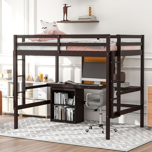HomeRoots Espresso Four-Poster Loft Bed with Integrated Desk & Shelving - Stylish Space-Saver for Your Room! 596447