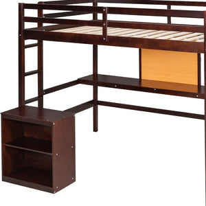 HomeRoots Espresso Four-Poster Loft Bed with Integrated Desk & Shelving - Stylish Space-Saver for Your Room! 596447