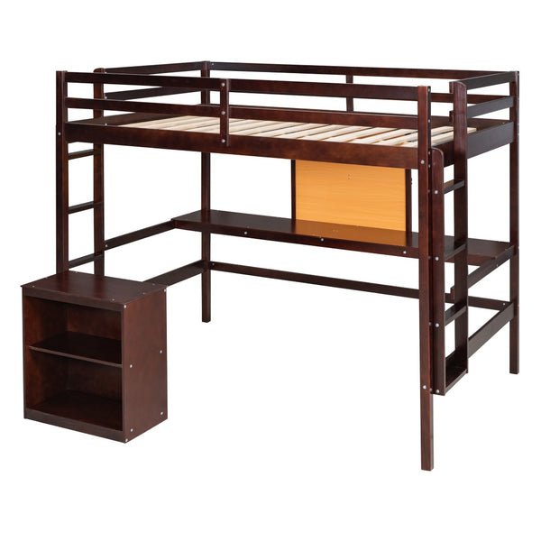 HomeRoots Espresso Four-Poster Loft Bed with Integrated Desk & Shelving - Stylish Space-Saver for Your Room! 596447