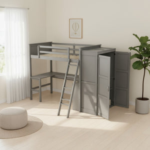 HomeRoots Gray Four Poster Twin Loft Bed with Integrated Desk, Shelving & Space-Saving Design for Kids' Rooms 596448