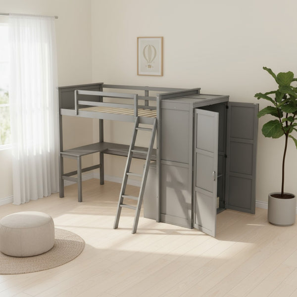 HomeRoots Gray Four Poster Twin Loft Bed with Integrated Desk, Shelving & Space-Saving Design for Kids' Rooms 596448