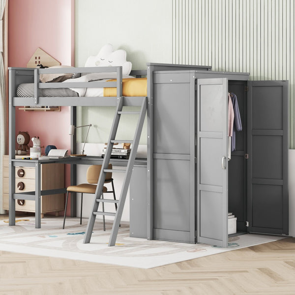 HomeRoots Gray Four Poster Twin Loft Bed with Integrated Desk, Shelving & Space-Saving Design for Kids' Rooms 596448