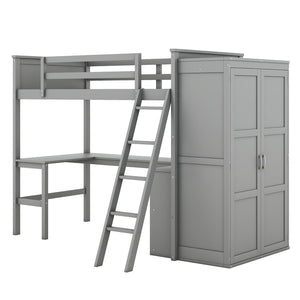 HomeRoots Gray Four Poster Twin Loft Bed with Integrated Desk, Shelving & Space-Saving Design for Kids' Rooms 596448