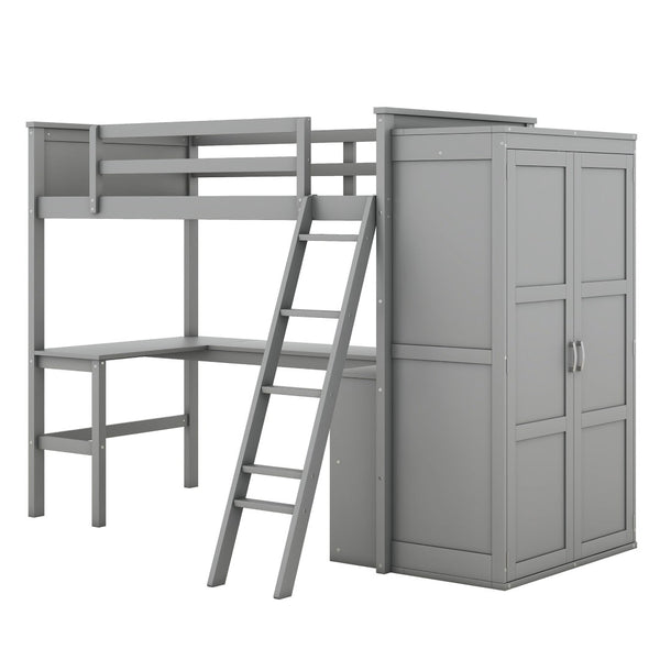 HomeRoots Gray Four Poster Twin Loft Bed with Integrated Desk, Shelving & Space-Saving Design for Kids' Rooms 596448