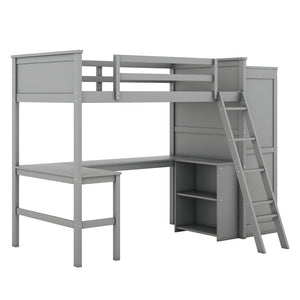 HomeRoots Gray Four Poster Twin Loft Bed with Integrated Desk, Shelving & Space-Saving Design for Kids' Rooms 596448
