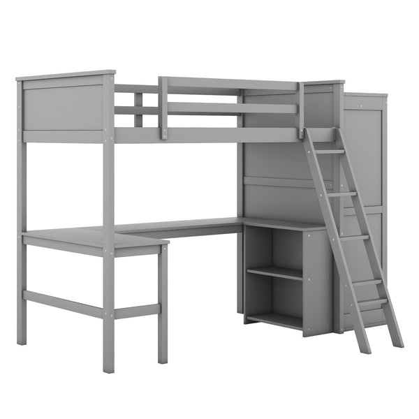 HomeRoots Gray Four Poster Twin Loft Bed with Integrated Desk, Shelving & Space-Saving Design for Kids' Rooms 596448