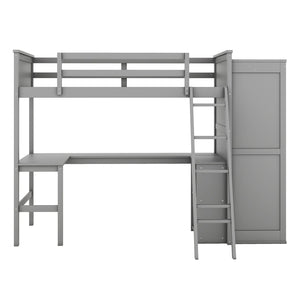 HomeRoots Gray Four Poster Twin Loft Bed with Integrated Desk, Shelving & Space-Saving Design for Kids' Rooms 596448
