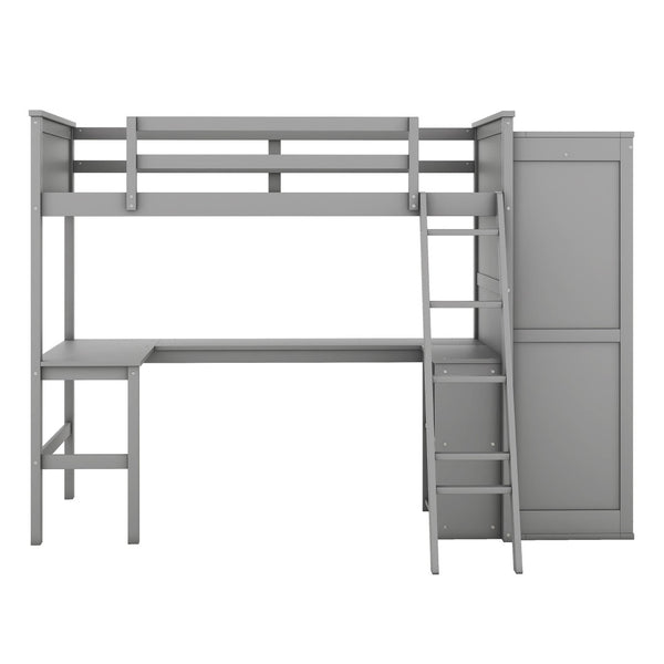 HomeRoots Gray Four Poster Twin Loft Bed with Integrated Desk, Shelving & Space-Saving Design for Kids' Rooms 596448