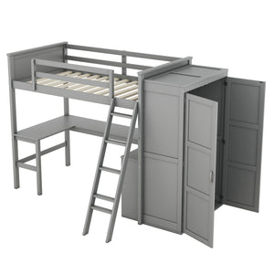 HomeRoots Gray Four Poster Twin Loft Bed with Integrated Desk, Shelving & Space-Saving Design for Kids' Rooms 596448