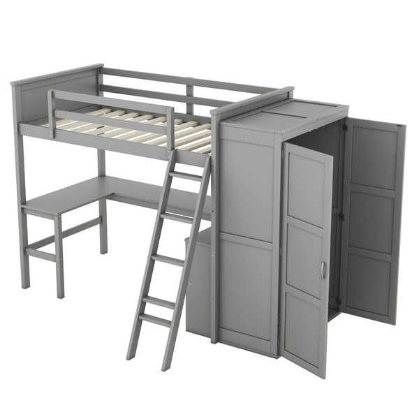 HomeRoots Gray Four Poster Twin Loft Bed with Integrated Desk, Shelving & Space-Saving Design for Kids' Rooms 596448