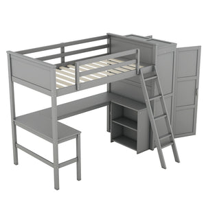 HomeRoots Gray Four Poster Twin Loft Bed with Integrated Desk, Shelving & Space-Saving Design for Kids' Rooms 596448