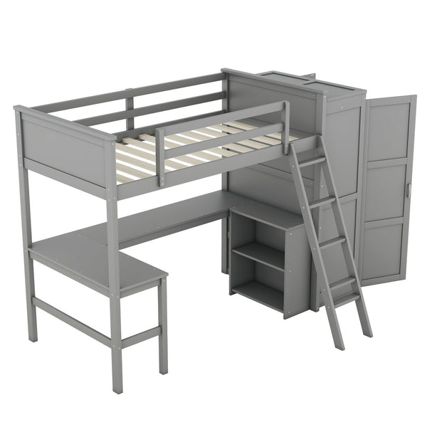 HomeRoots Gray Four Poster Twin Loft Bed with Integrated Desk, Shelving & Space-Saving Design for Kids' Rooms 596448