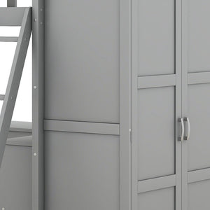 HomeRoots Gray Four Poster Twin Loft Bed with Integrated Desk, Shelving & Space-Saving Design for Kids' Rooms 596448
