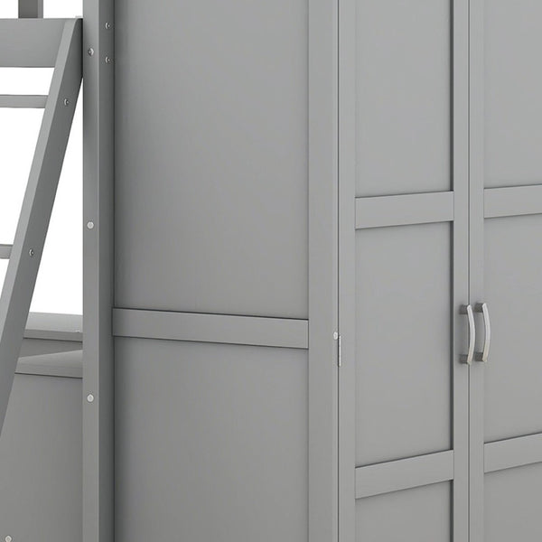 HomeRoots Gray Four Poster Twin Loft Bed with Integrated Desk, Shelving & Space-Saving Design for Kids' Rooms 596448