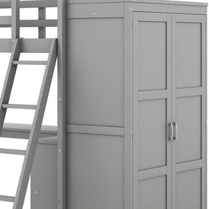 HomeRoots Gray Four Poster Twin Loft Bed with Integrated Desk, Shelving & Space-Saving Design for Kids' Rooms 596448