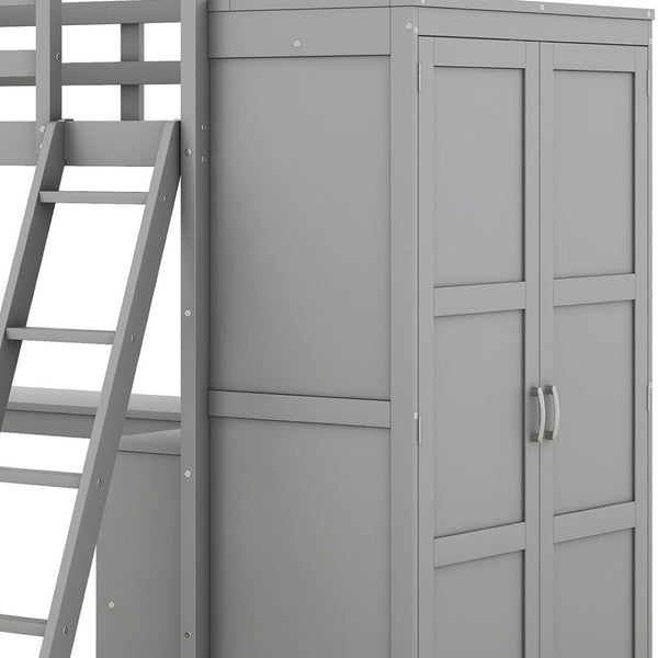 HomeRoots Gray Four Poster Twin Loft Bed with Integrated Desk, Shelving & Space-Saving Design for Kids' Rooms 596448