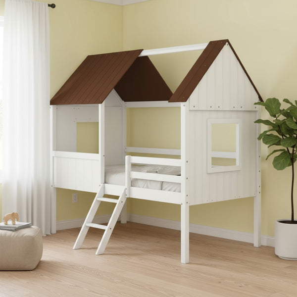 HomeRoots Gray Canopy Twin Loft Bed with Shelves - Stylish Space-Saving Design for Kids' Rooms and Dorms 596449