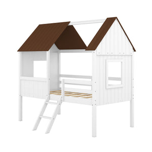 HomeRoots Gray Canopy Twin Loft Bed with Shelves - Stylish Space-Saving Design for Kids' Rooms and Dorms 596449