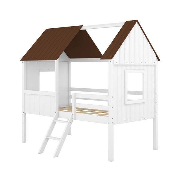 HomeRoots Gray Canopy Twin Loft Bed with Shelves - Stylish Space-Saving Design for Kids' Rooms and Dorms 596449