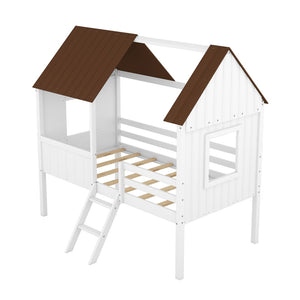 HomeRoots Gray Canopy Twin Loft Bed with Shelves - Stylish Space-Saving Design for Kids' Rooms and Dorms 596449