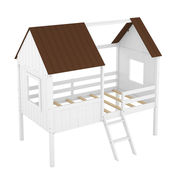 HomeRoots Gray Canopy Twin Loft Bed with Shelves - Stylish Space-Saving Design for Kids' Rooms and Dorms 596449