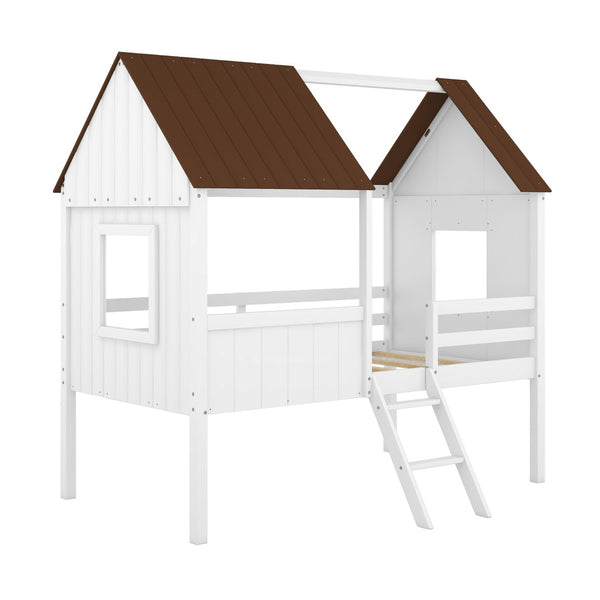 HomeRoots Gray Canopy Twin Loft Bed with Shelves - Stylish Space-Saving Design for Kids' Rooms and Dorms 596449